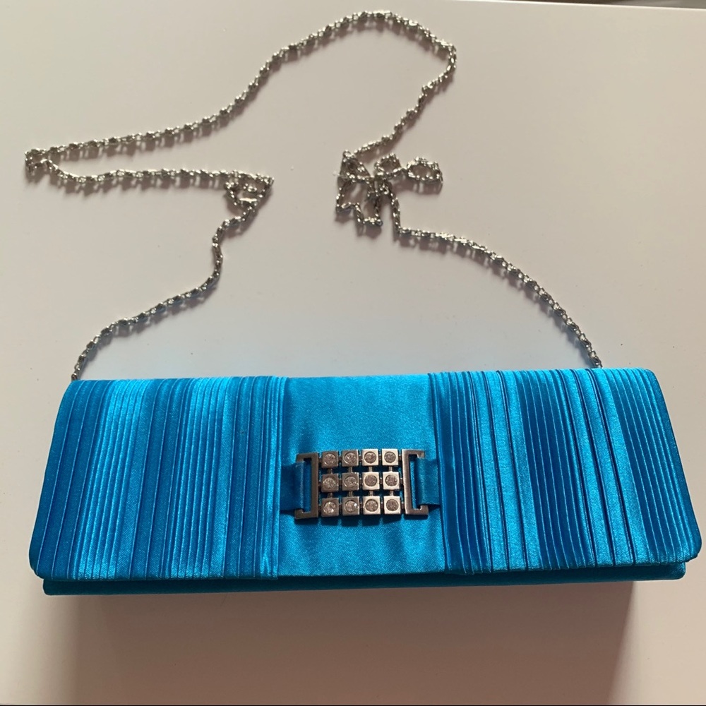 Blue Satin Evening Clutch with Chain Strap